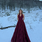 Dark Burgundy A Line V Neck Lace Long Prom Dress Evening Dress SH6056