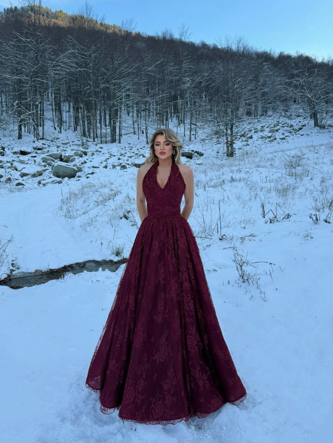 Dark Burgundy A Line V Neck Lace Long Prom Dress Evening Dress SH6056