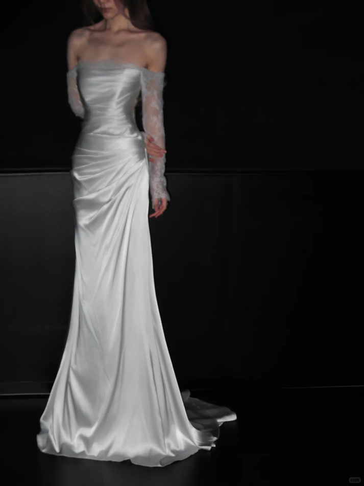 Classy White Satin Tulle Mermaid Long Wedding Dress SP913 main image 0