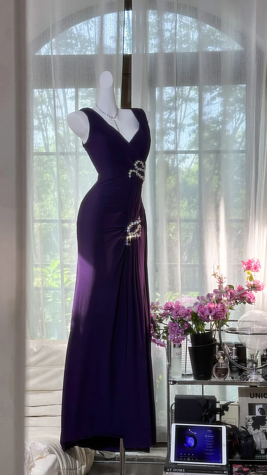 Retro Sexy Dark Purple Beaded Mermaid V Neck Chiffon Evening Dress Party Dress SH3474
