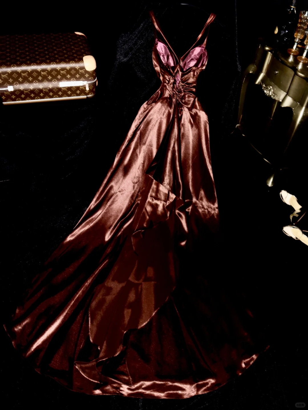 Sexy A Line Straps V Neck Brown Satin Long Party Dress Evening Dress SH3230