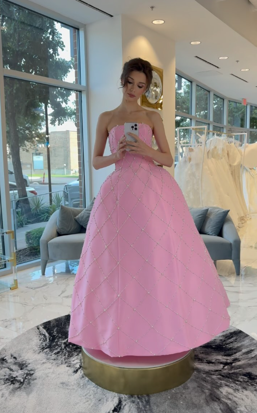Pink A Line Strapless Shiny Beaded Satin Prom Dress Evening Dress SH6406