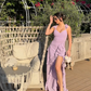 Lilac Flowy Sheath Spaghetti Strap Ruffle Chiffon Prom Dress Party Dress with Slit SH4016