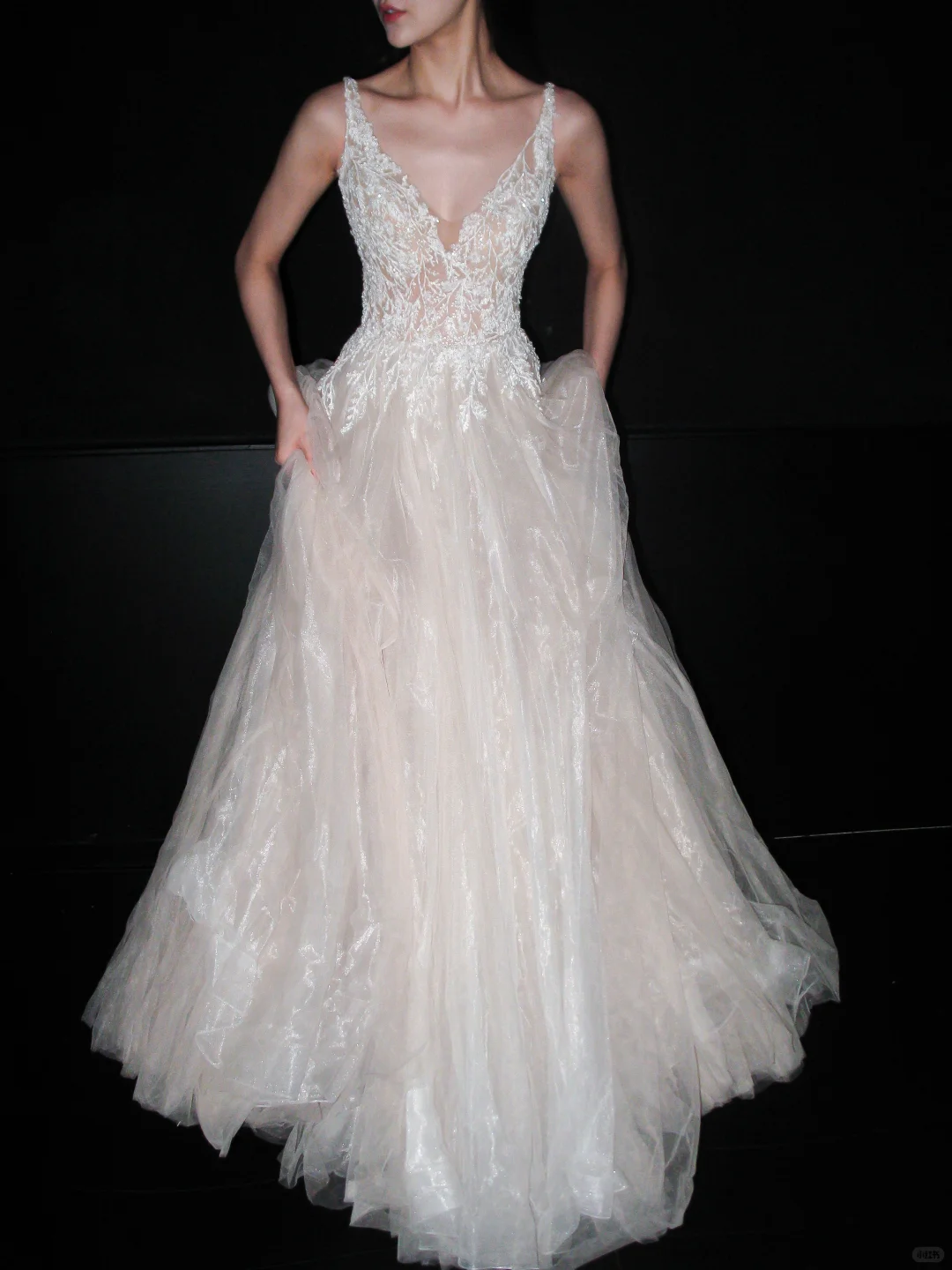 Gentle A Line V Neck Beaded Tulle Long Prom Dress Wedding Dress SH8907