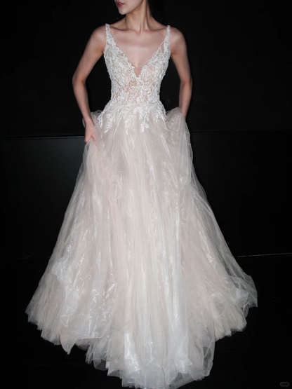 Gentle A Line V Neck Beaded Tulle Long Prom Dress Wedding Dress SH8907