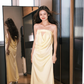 Unique A Line Strapless Yellow Satin Long Prom Dress Formal Gown Party Dress SH4184