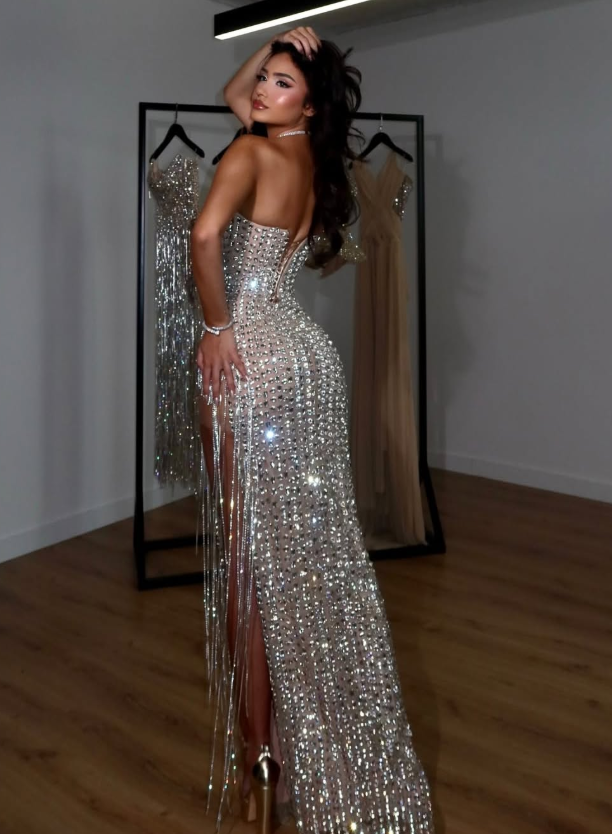 Shiny Diamond Sheath Strapless Prom Dress Evening Dress with Slit SH6270