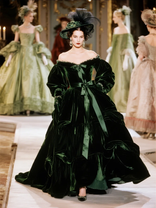 Green Vintage Ball Gown Long Sleeve Beaded Velvet Long Prom Dress SH5085