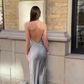 Simple Silver A Line Spaghetti Strap Satin Open Back Prom Dress Wedding Guest Dress SH4451