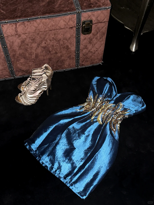 Royal Blue A Line Sweetheart Neck Sequin Beaded Satin Short Homecoming Dress SH3145