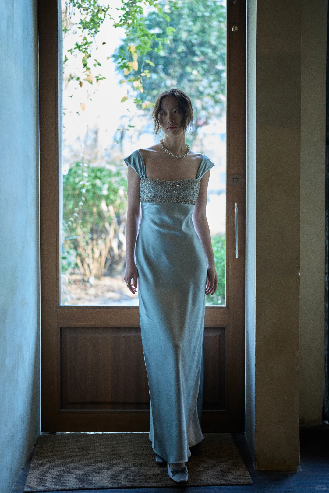 Elegant Blue A Line Straps Beaded Satin Long Prom Dress Date Dress SH4963