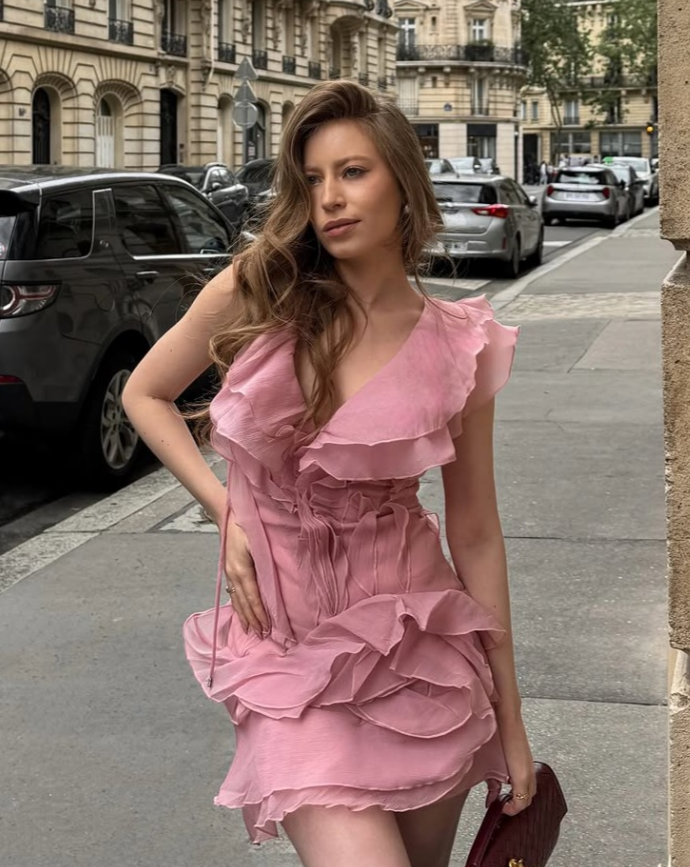 Pink A Line V Neck Ruffle Layered Chiffon Short Prom Dress Homecoming Dress SH9034
