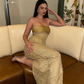 Golden Sheath Strapless Beaded Tulle Long Prom Dress Evening Dress SH4833