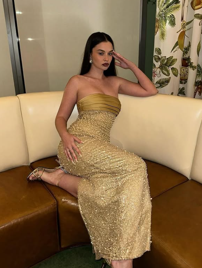 Golden Sheath Strapless Beaded Tulle Long Prom Dress Evening Dress SH4833