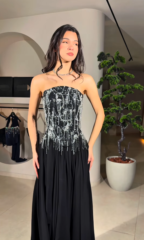 Stunning Beading A Line Strapless Black Satin Long Prom Dress Evening Dress SH6747