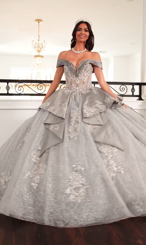 Silver Ball Gown Applique Lace Sequin Tulle Satin Long Prom Dress Quinceanera Dress SH5166