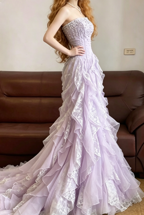 Baby Blue Mermaid Exquisite Beaded Layered Chiffon Lace Graduation Prom Dress Wedding Guest Dress SH5430