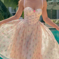 Cute A Line Spaghetti Strap Pink Print Floral Chiffon Short Vacation Dress Outfits SH4288