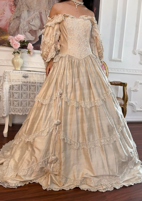 Apricot Vintage Ball Gown Long Sleeve Embroidery Beaded Satin Long Prom Dress SH5486