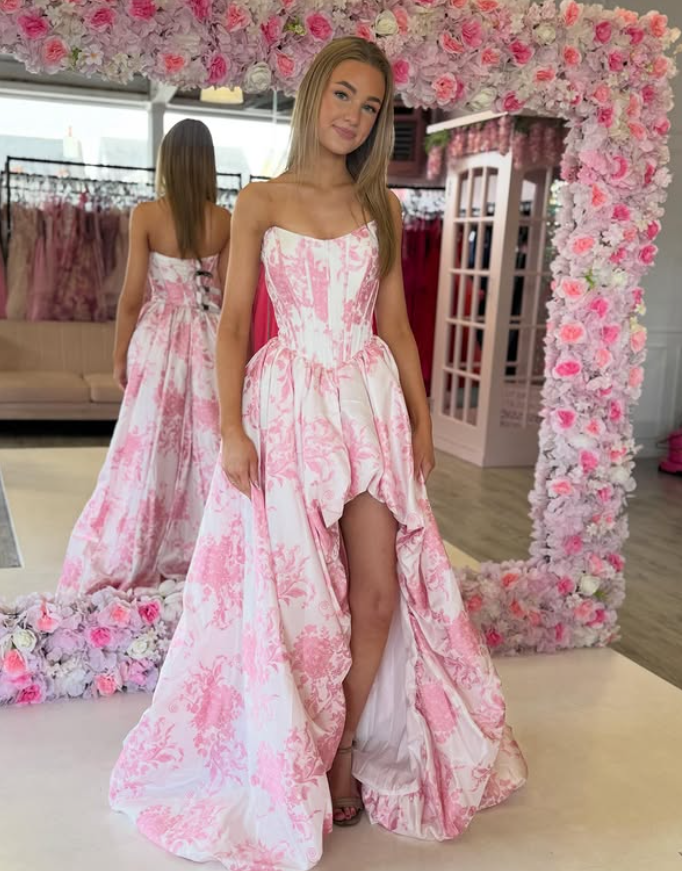 Sweety Pink A Line Strapless Corset Print Floral Satin Slit Prom Dress Evening Dress SH6649