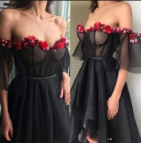 Off the Shoulder Sweetheart Black Prom Dress With Flowers  SH725
