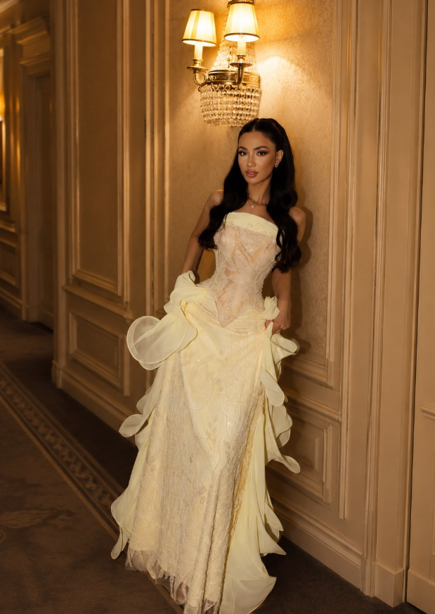 Pretty Yellow A Line Strapless Lace Chiffon Prom Dress Evening Dress SH6433