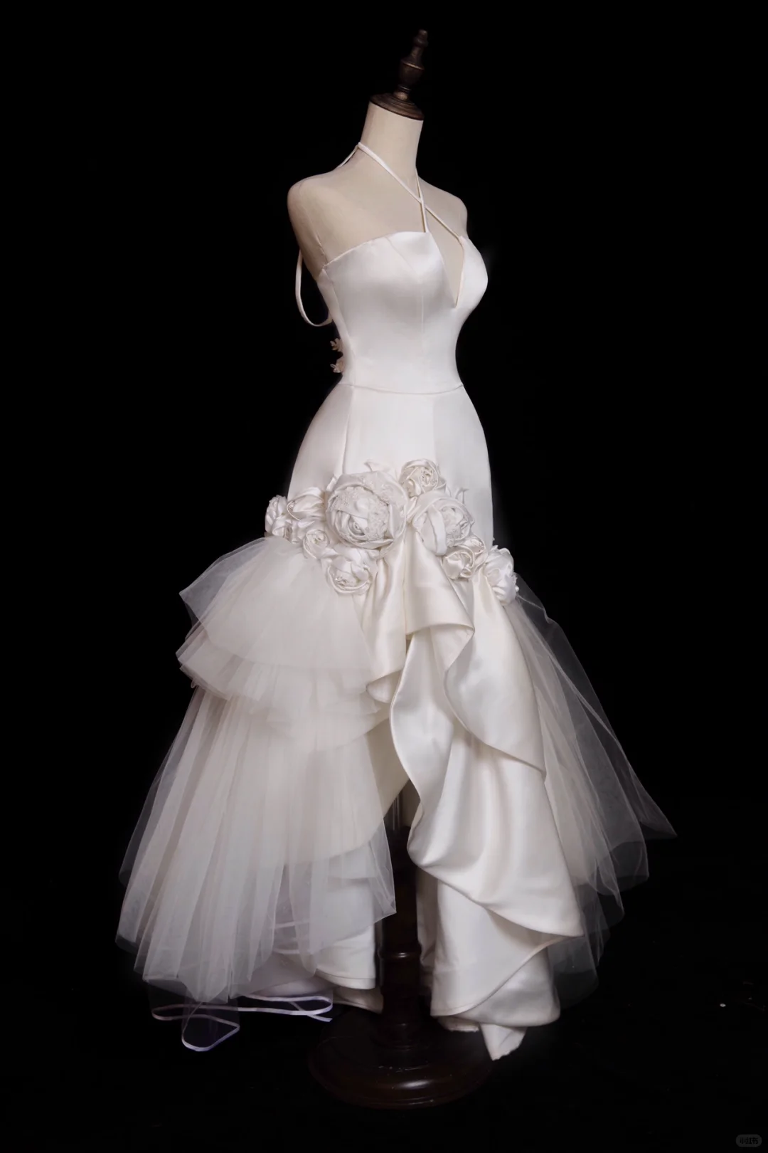 Mermaid Halter White Floral Ruffle Satin Tulle Wedding Dress SH4710