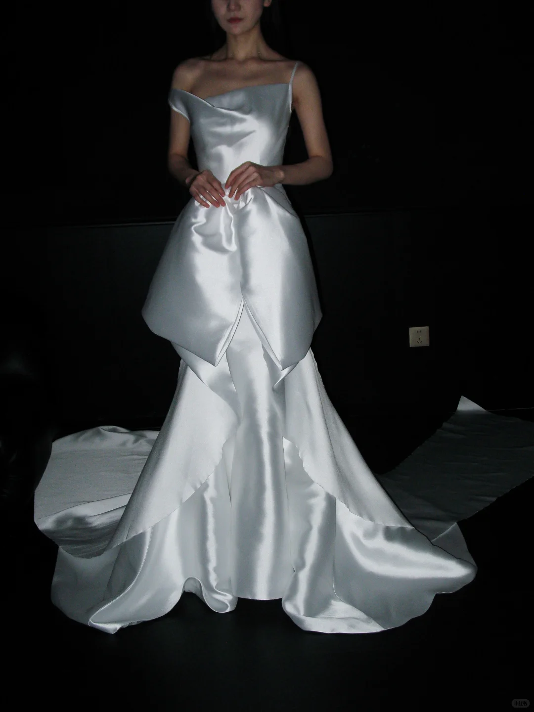 Stylish Mermaid Spaghetti Strap White Layered Satin Long Train Wedding Dress SH8900