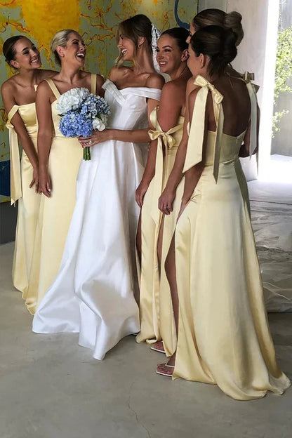 Tie Shoulder Butter Satin Bridesmaid Dress with Slit SH6558