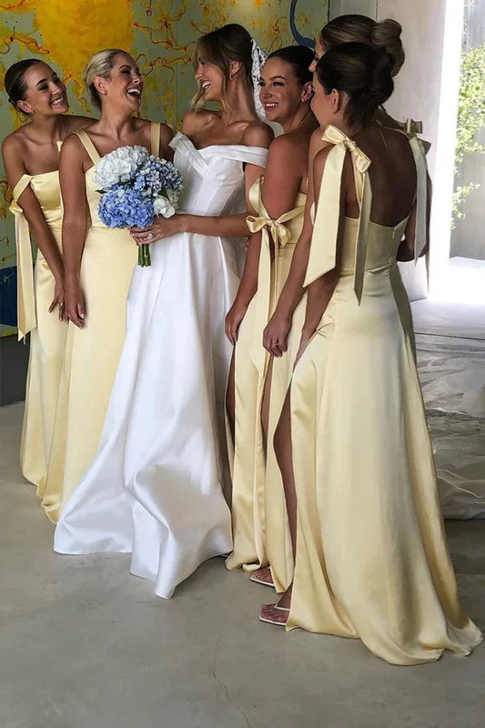 Tie Shoulder Butter Satin Bridesmaid Dress with Slit SH6558