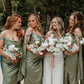 Mermaid Tie Shoulder Moss Green Ruched Satin Bridesmaid Dress SH6570