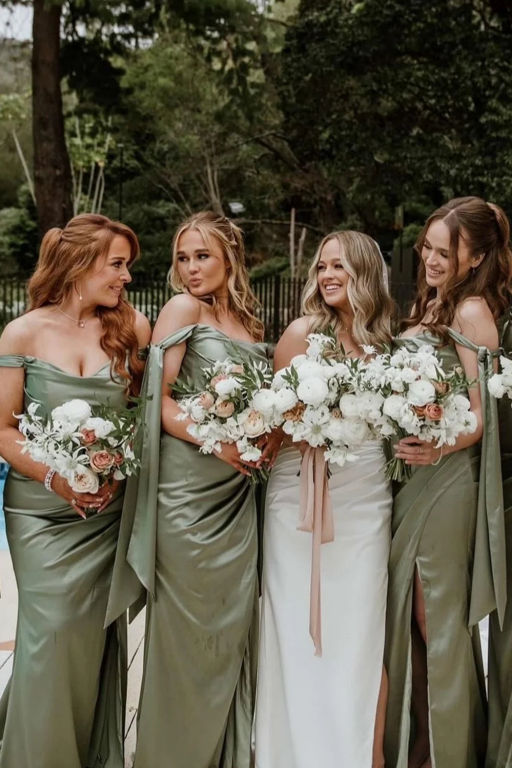 Mermaid Tie Shoulder Moss Green Ruched Satin Bridesmaid Dress SH6570