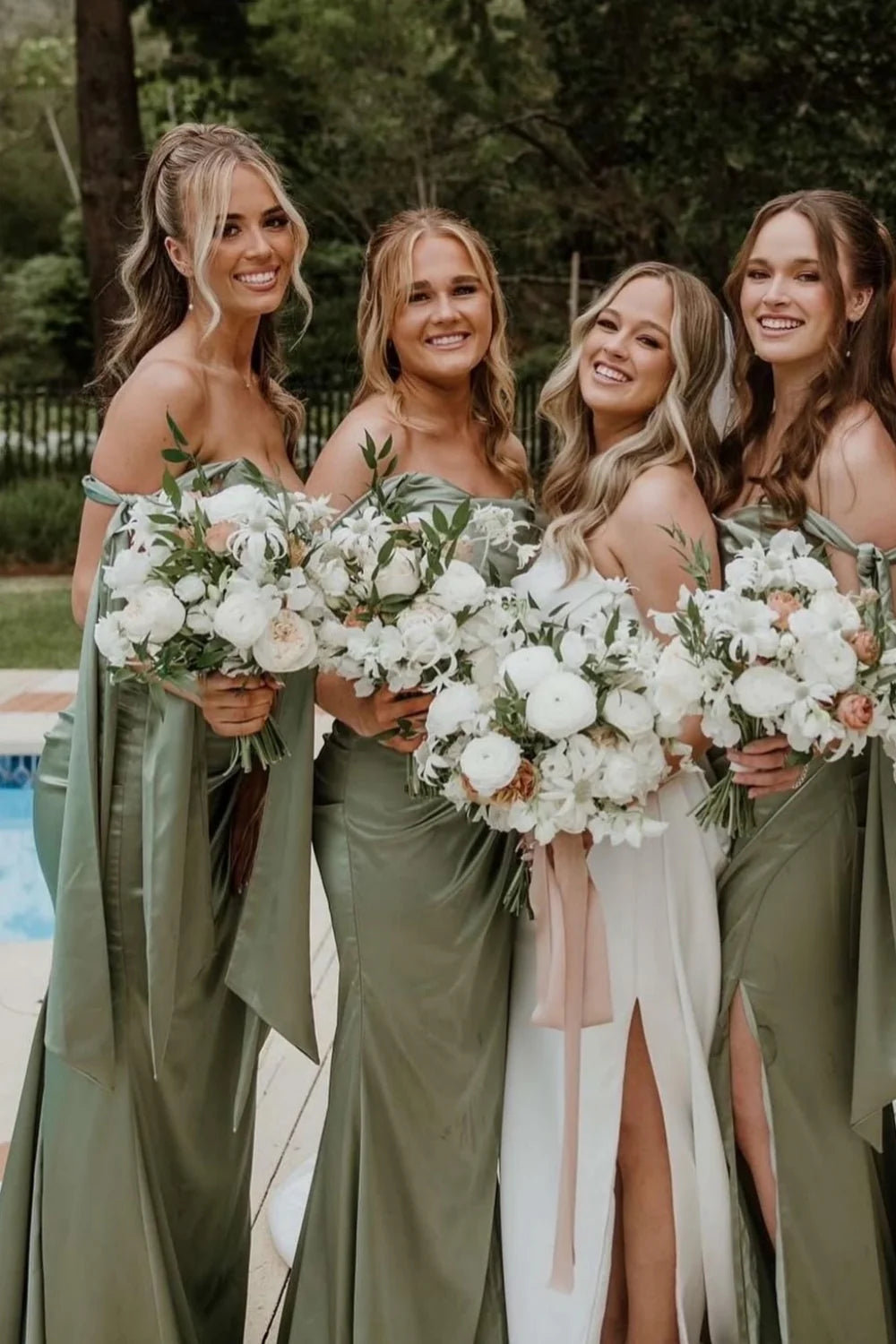 Mermaid Tie Shoulder Moss Green Ruched Satin Bridesmaid Dress SH6570