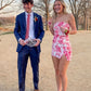 Touching Sheath Strapless Pink Floral Printed Short Homecoming Dress with Slit SH7941