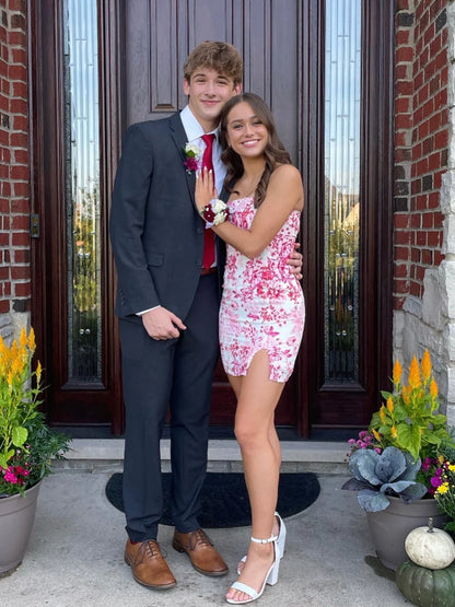 Touching Sheath Strapless Pink Floral Printed Short Homecoming Dress with Slit SH7941