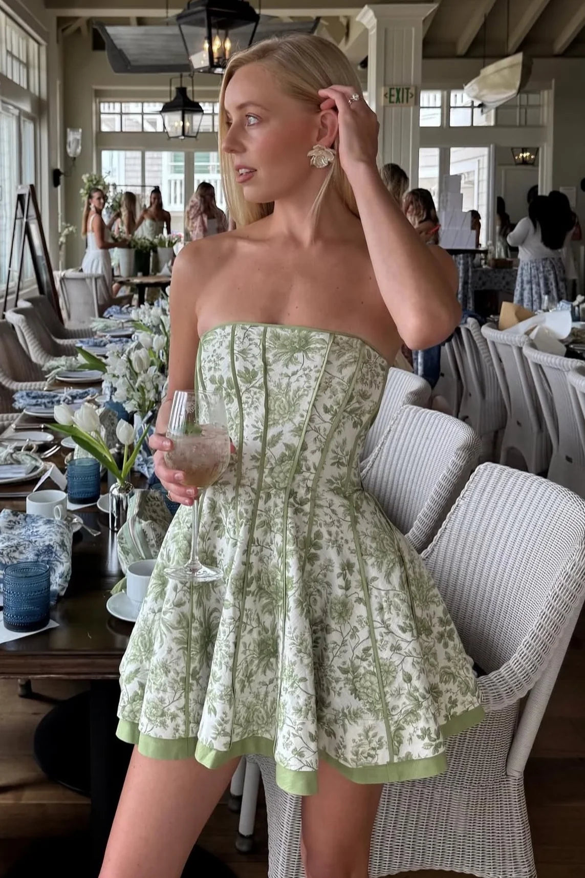 Modern Sheath Strapless Green Floral Printed Corset Homecoming Dress SH7534