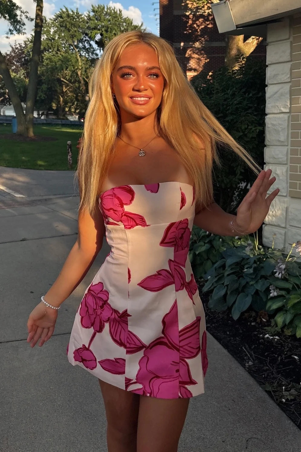 Trendy A Line Strapless Pink Printed Short Homecoming Dress SH7485