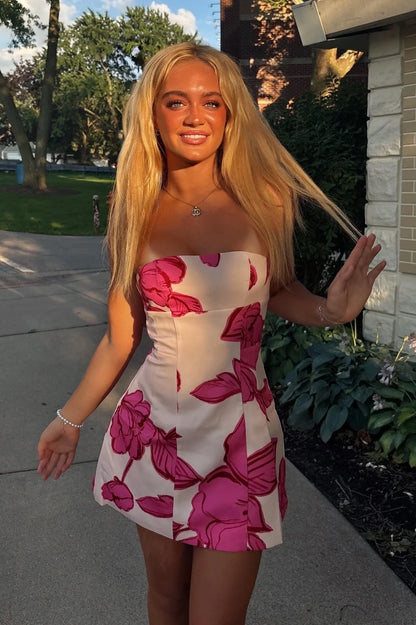 Trendy A Line Strapless Pink Printed Short Homecoming Dress SH7485