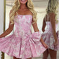Trendy A Line Strapless Pink Short Homecoming Dress with Pearls Bowknot SH7526