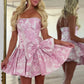 Trendy A Line Strapless Pink Short Homecoming Dress with Pearls Bowknot SH7526