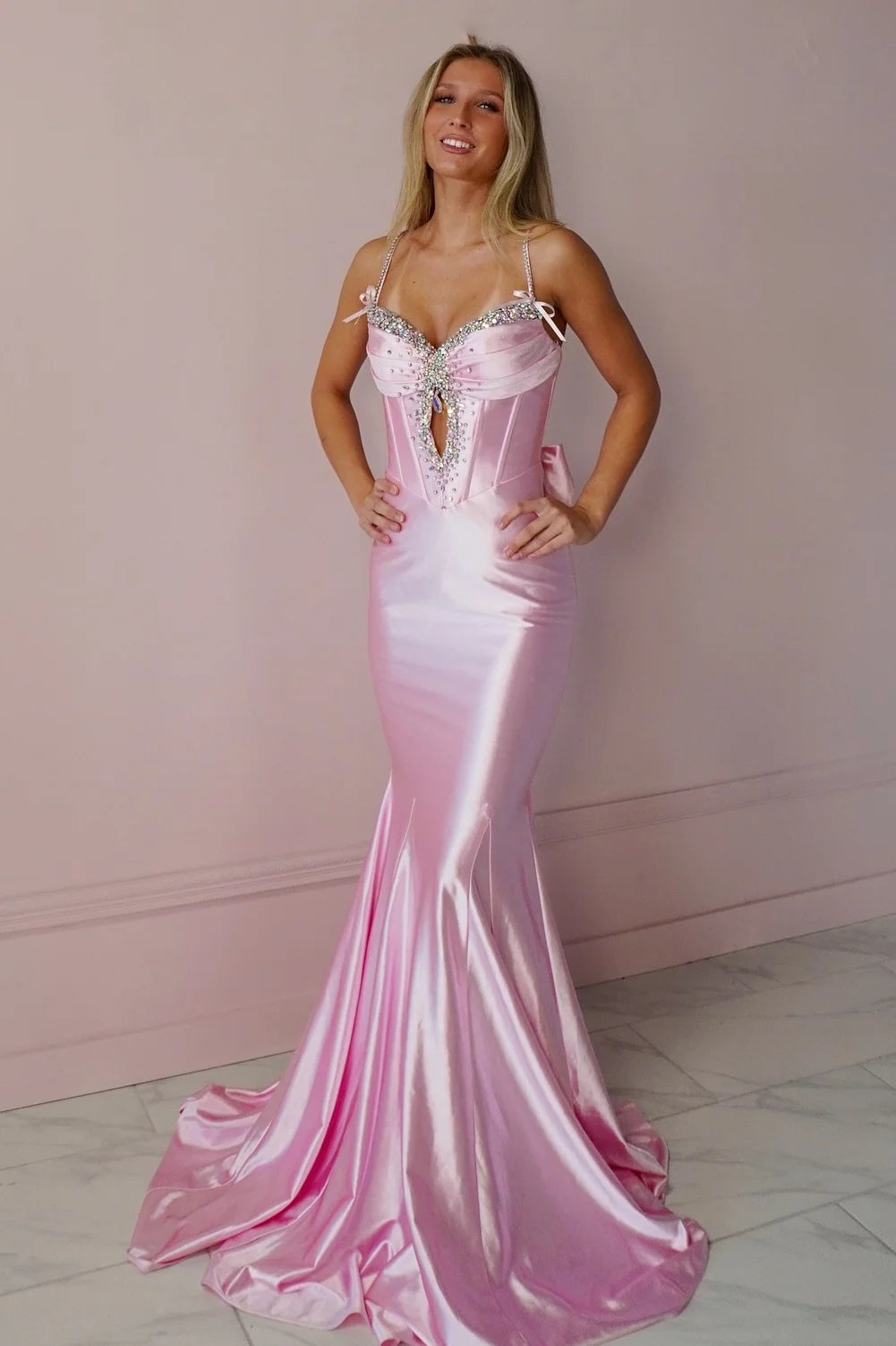 Trendy Mermaid Spaghetti Straps Keyhole Pink Long Prom Dress with Beading SH8289