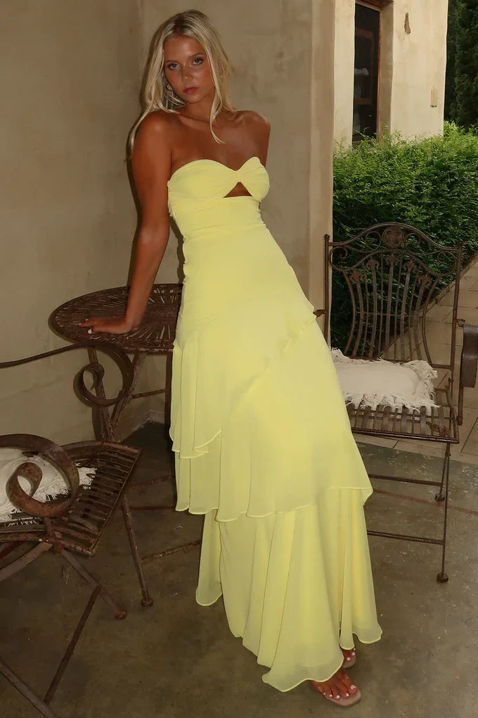 Trendy A Line Sweetheart Yellow Long Prom Dress with Ruffles Keyholes SH8297