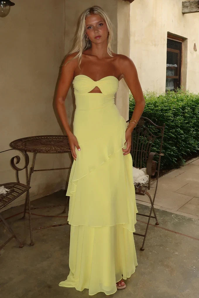 Trendy A Line Sweetheart Yellow Long Prom Dress with Ruffles Keyholes SH8297