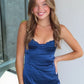 Trendy Sheath Spaghetti Straps Navy Satin Short Homecoming Dress SH7916