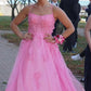Princess Prom Dress Scoop Neck Spaghetti Straps Crisscross Pink Lace Tulle Slit SH8225