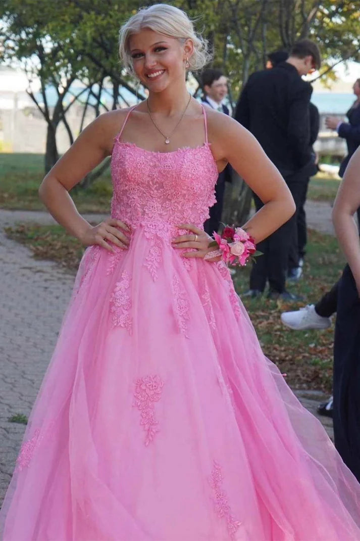 Princess Prom Dress Scoop Neck Spaghetti Straps Crisscross Pink Lace Tulle Slit SH8225