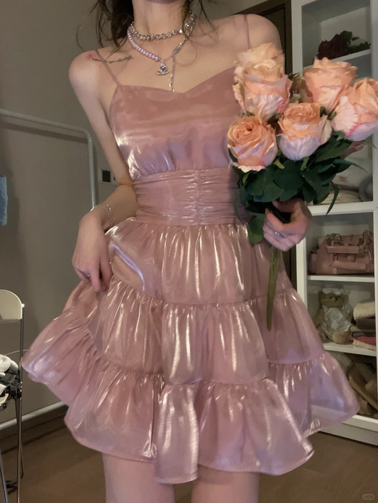 Stunning A Line Spaghetti Strap Pink Satin Homecoming Dress Cocktail Dress SH3214