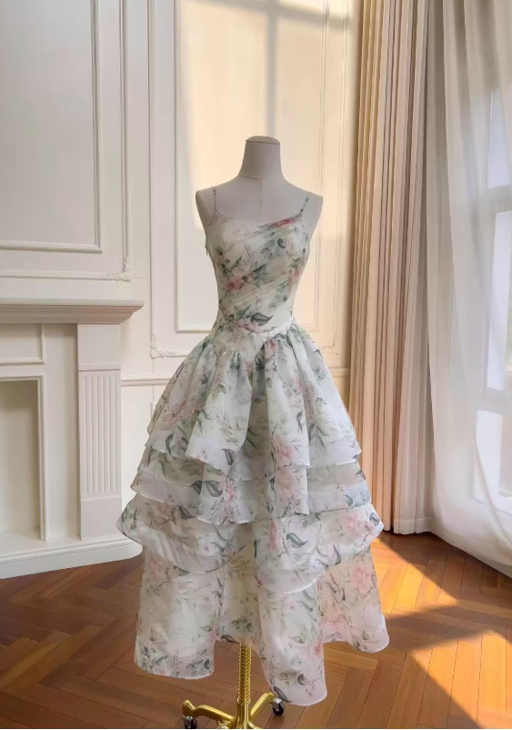 Print Floral A Line Straps Layered Chiffon Prom Dress Outfits SH5156
