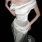 Charming Sheath Off the Shoulder Pearl White Satin Long Wedding Dress SH6674