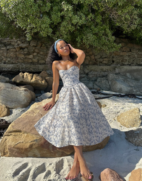 Cute A Line Strapless Blue Print Flower Satin Party Dress Wedding Guest Dress SH3123